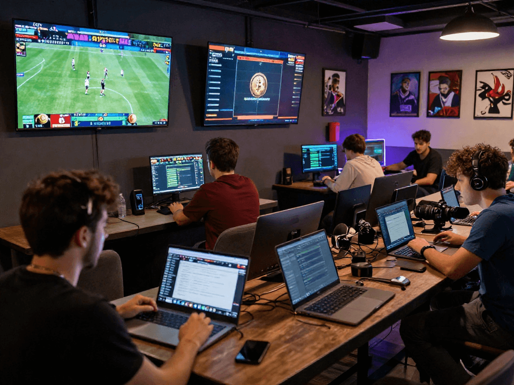 Paris sportif crypto : ambiance de pari numérique avec des parieurs autour d'écrans en direct et de crypto-monnaies.