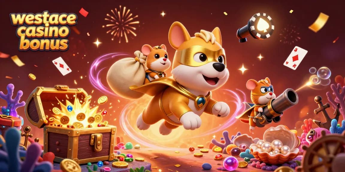 Visualisez le bonus WestAce casino avec un super héros canin et un hamster, dans une scène dynamique remplie de pièces d'or et d'effets de jeu.