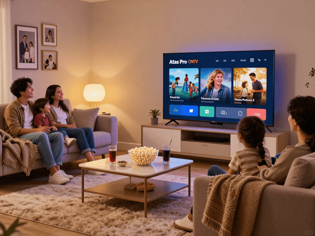 Profitez d'un moment convivial avec Atlas Pro, l'application IPTV, dans un salon chaleureux.