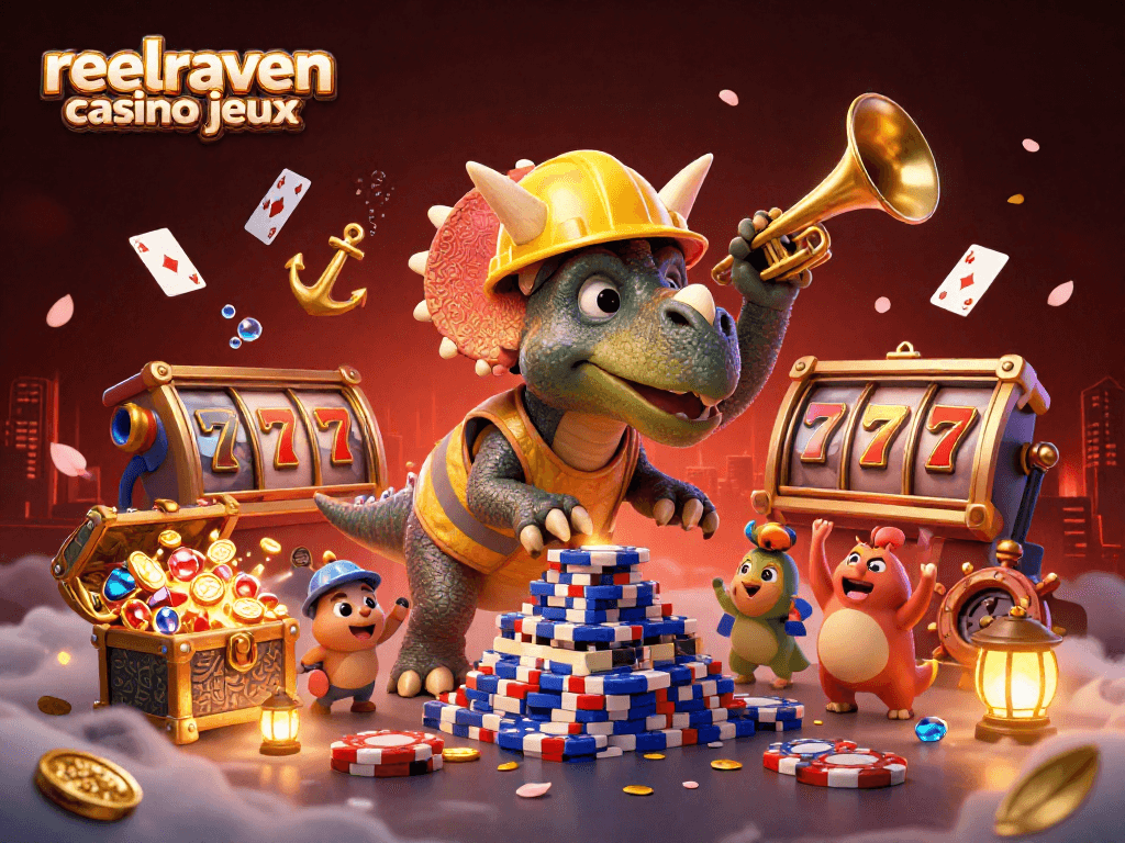 Jouez à des jeux variés sur le casino jeux ReelRaven avec des triceratops et des éléments de casino colorés.