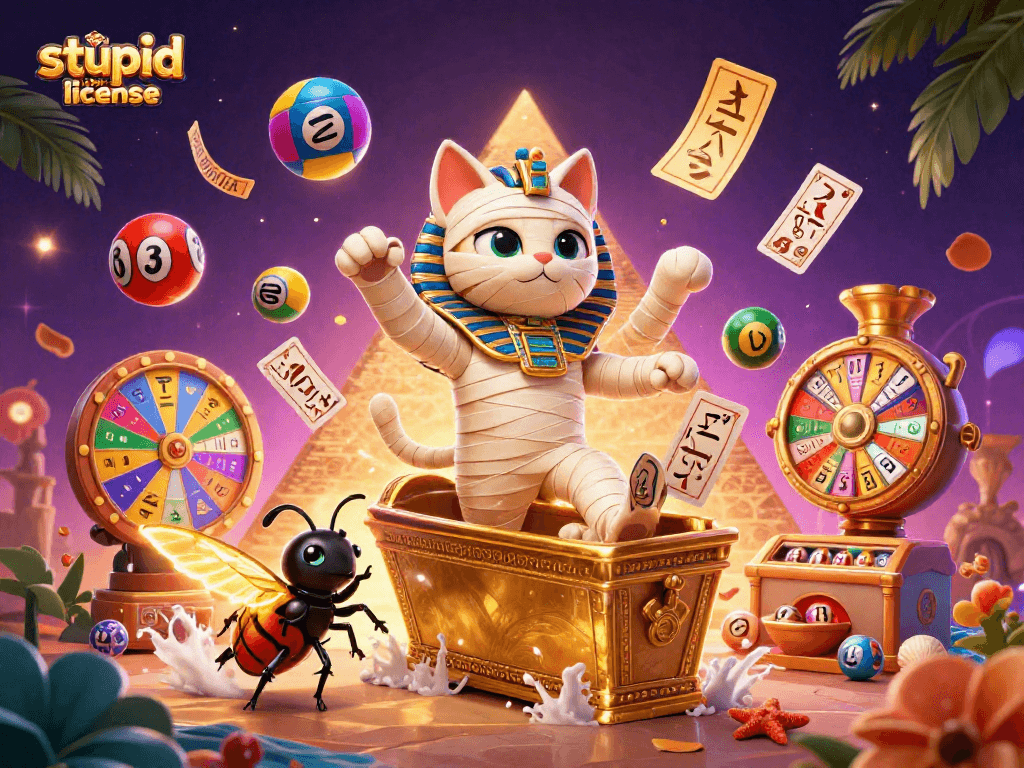 Illustration représentant le chat momie égyptien et la sécurité de la licence stupid casino lors de jeux de casino.