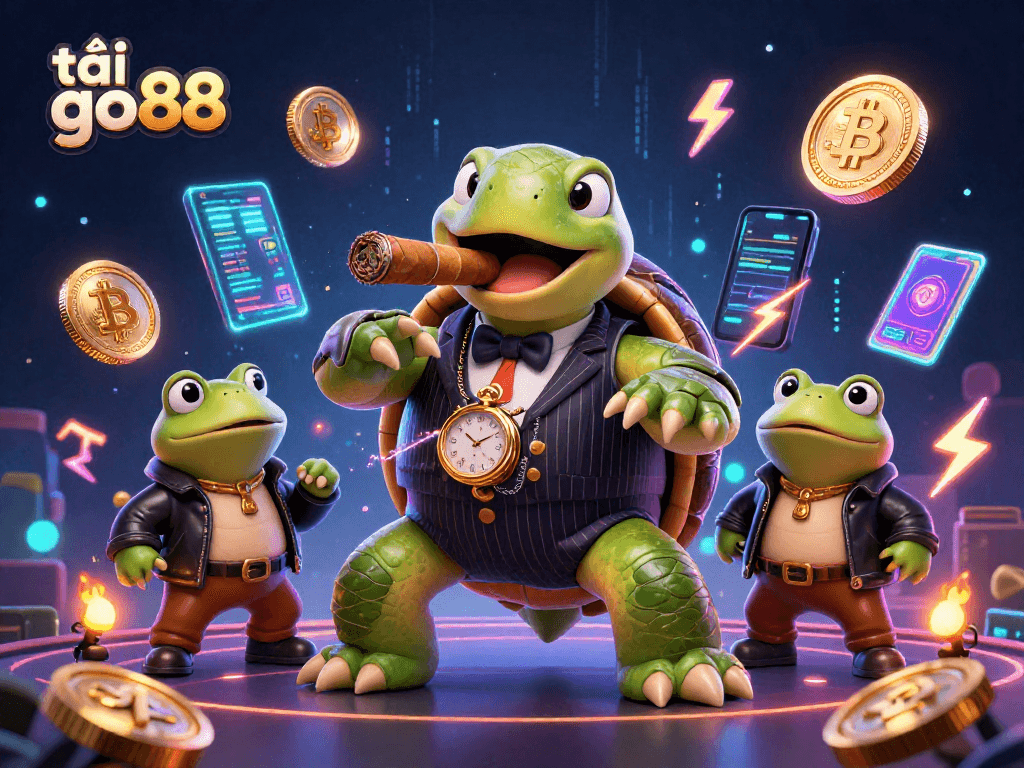 Experience exciting gaming action with tải go88 featuring a snapping turtle mobster and neon crypto elements.