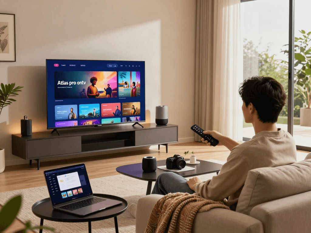 Scène de salon moderne avec "Atlas pro ontv" affiché sur la télévision intelligente